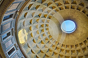 Roman Pantheon with blue sky and sun reflection from cupola hole
