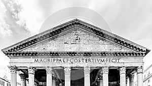 Roman Pantheon - detailed front view of entrance with columns and tympanum. Rome, Italy