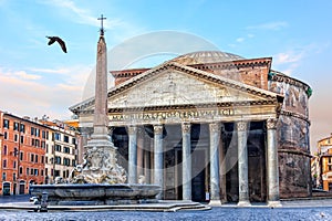 Roman Pantheon and the fountain morning view, no people