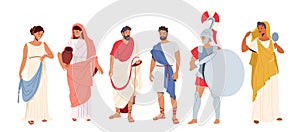 Roman People in Traditional Clothes, Ancient Rome Citizen Male and Female Character in Tunic and Sandals Costumes
