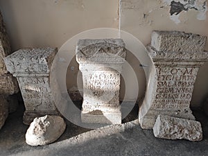 Roman pillars ancient monuments with latin text Sremska Mitrovica Serbia photo