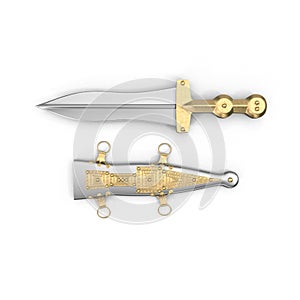 Roman Pugio Dagger with Sheath on white. Top view. 3D illustration