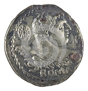 Roman Republic Coin, Ancient Roman silver denarius of Cornelia isolated on a white background