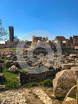 Roman ruines of ancient Heliopolis in Baalbek. Blue sky. Copy space