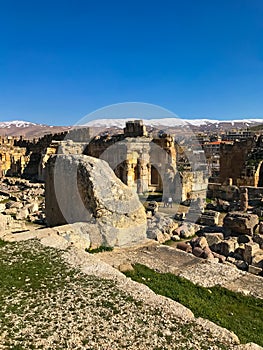 Roman ruines of ancient Heliopolis in Baalbek, Lebanon. Blue sky. Copy space