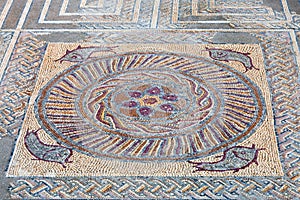 Roman ruins of Conimbriga. Close-up of a decorative Roman tessera mosaic pavement