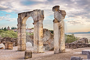 Roman ruins Grotte di Catullo or Grotto at Sirmione, Lake Garda, Northern Italy. photo