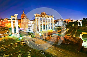Roman ruins at night in Rome,
