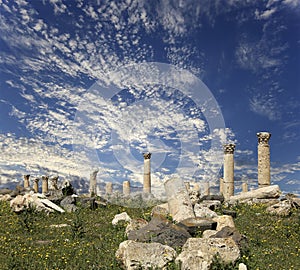 Roman ruins at Umm Qais (Umm Qays), Jordan. Against the sky with clouds