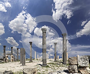 Roman ruins at Umm Qais (Umm Qays), Jordan. Against the sky with clouds