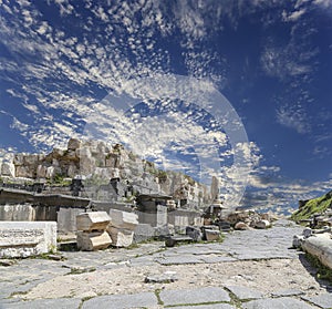 Roman ruins at Umm Qais (Umm Qays), Jordan. Against the sky with clouds