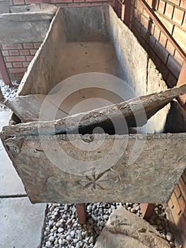 Roman sarcophagus leaded coffin with solar symbol Sremska Mitrovica Serbia photo