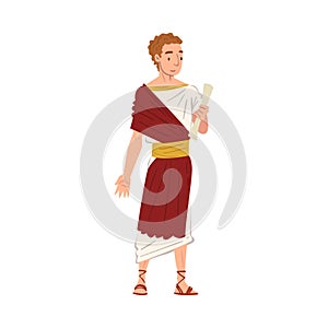 Roman Senator in Traditional Clothes, Ancient Rome Citizen Character in White and Red Tunic And Sandals Vector