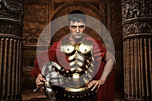 Roman soldier in ancient temple photo