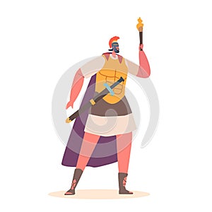 Roman Soldier Character Holds A Torch In Hand Ready To March Through The Dark. The Torch Provides Light