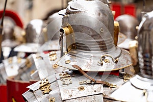 roman soldiers in a historical reenactment in easter. People performing a Roman legion