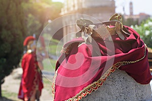 Roman soldiers legionaries clothes on Rome ruins background