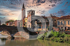 The roman Stone Wall Bridge Ponte Pietra over the Adige River. Verona, Italy, Europe.