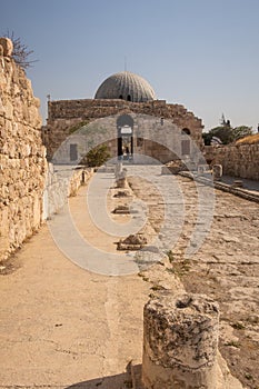 Roman street leading up to an Umayyad Palace ruins, at the Citadel in Amman, Jordan