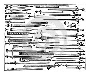 Roman swords collection with names / Antique engraved illustration from from La Rousse XX Sciele