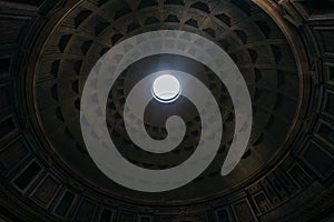 Roman temple Pantheon dome. The coffered dome has a central oculus as the main source of natural light in Rome, Italy