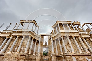 The Roman Theatre proscenium in Merida, ultra wide view