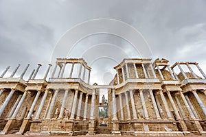 The Roman Theatre proscenium in Merida, ultra wide view