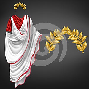 Roman toga, golden laurel wreath realistic vector photo