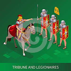 Roman Tribune on horseback in front Legionaires illustration isometric icons on isolated background