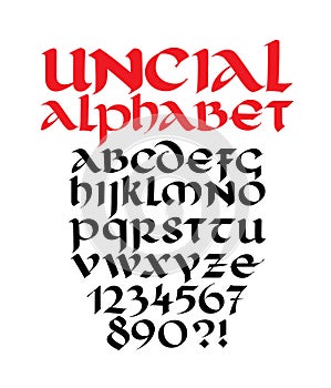 Roman uncial font. Vector. Letters and numbers in the Gothic style. Calligraphy for inscriptions. Font for tattoo, personal and co
