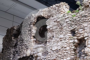 Roman Wall standing in the forecourt of the Leonardo Royal Hotel in Cooper`s Row, near Fenchurch Street in the City of London, UK