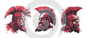 Roman warrior avatars angry man heads cartoon style vector set. Spartan soldiers ancient rome troopers red and black photo