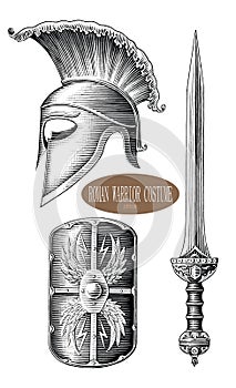 Roman Warrior Costume hand draw vintage engraving style black and white clip art