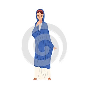 Roman Woman in Traditional Clothes, Ancient Rome Citizen Character in Blue Toga and Sandals Vector Illustration