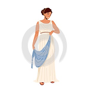 Roman Woman in Traditional Clothes, Ancient Rome Citizen Female Character in Tunic and Sandals Historical Costume