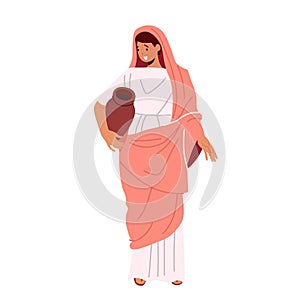 Roman Woman Wear Tunic and Sandals Traditional Ancient Rome Clothes, Female Character in Historical Costume Holding Jug