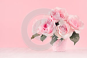 Romance celebration flowers background - pink luxury roses bouquet on white wood board, copy space.