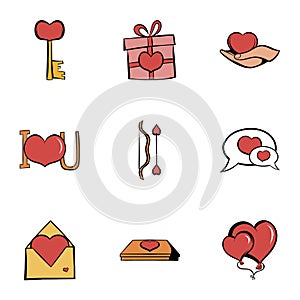 Romance icons set, cartoon style