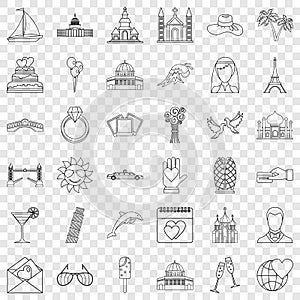 Romance icons set, outline style