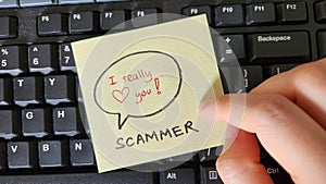 Romance love scams concept. Scammer vs victim