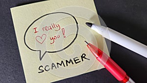 Romance love scams concept. Scammer vs victim