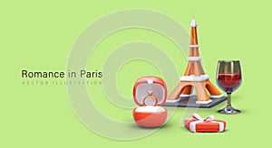 Romance in Paris. Accessories for marriage proposal. Eiffel Tower, wedding ring, wine, gift