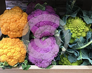 Romanesco broccoli and purple and orange cauliflower in a grocery. Variety of colorful vegetables in wooden boxes