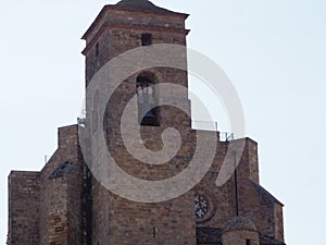 romanesque bell tower of the church of valdeflores in the castle of benabarre, huesca, spain, europe