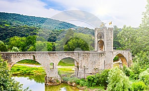 Romanesque bridge over the Fluvia river at Besalu, Girona, Catalonia