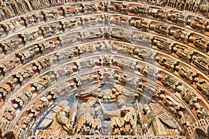 Romanesque colored arcade interior. Colegiata de Toro, Zamora, Spain