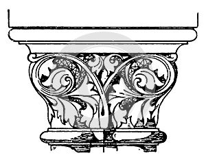 Romanesque Coupled Capital, looks like two capitals, vintage engraving