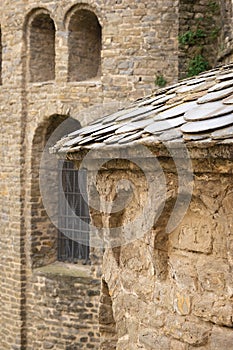 Romanesque facade detail of Santa Maria Church, Ripoll. Architecture detail.