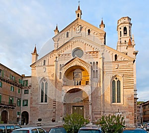 The facade of Verona Cathedral of Santa Maria Matricolare, Piazza Duomo square, Italy