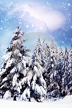 Romangtic magic winter landscape with snow, moon and starry sky